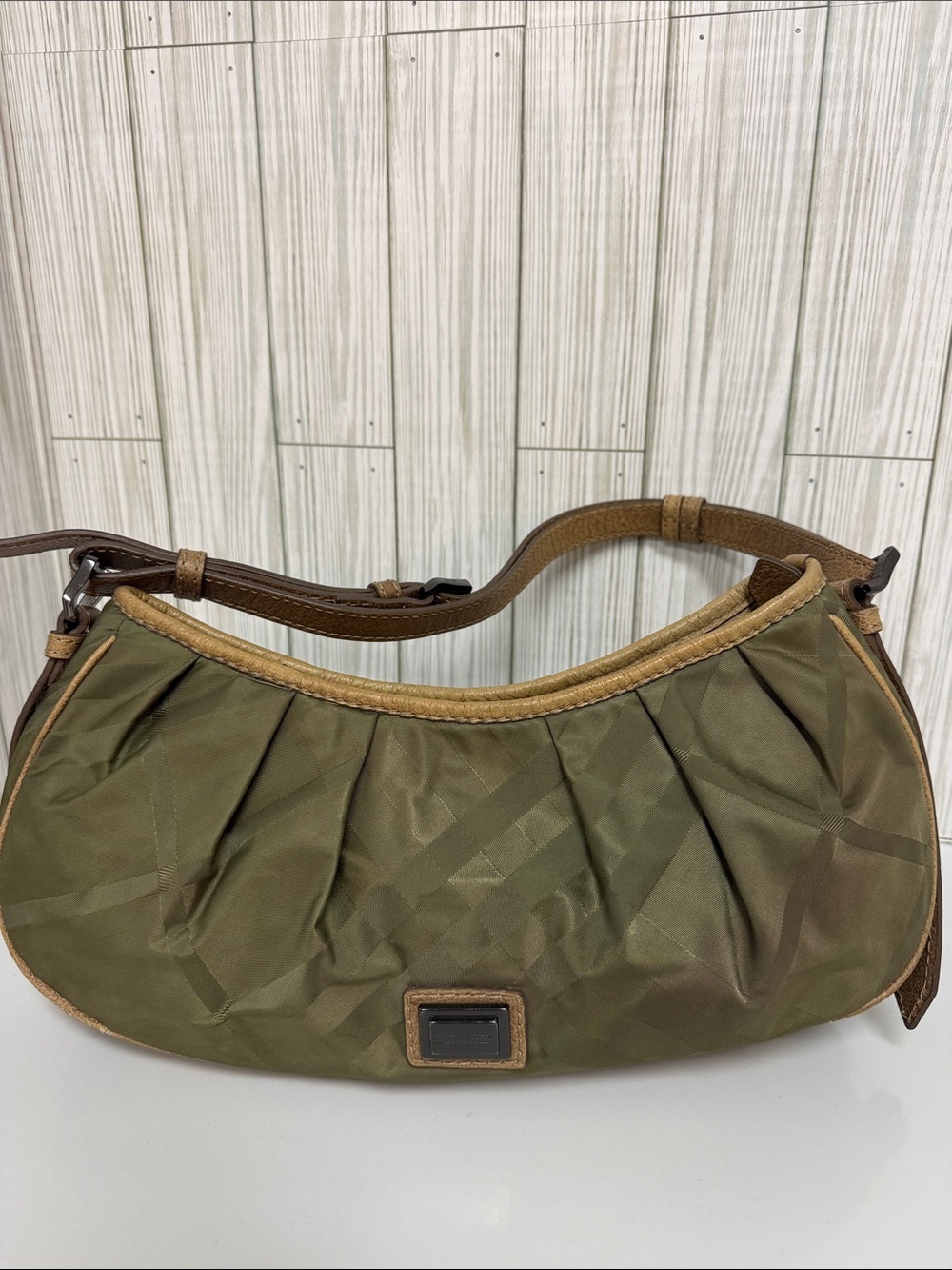Burberry Shoulder Bag Olive Green Nylon Hobo Tote with Leather Trim - Picture 16 of 17